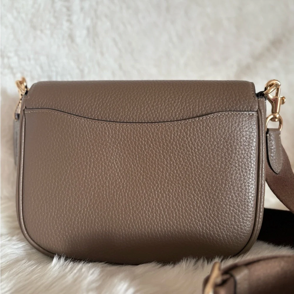 Coach Taupe Pebbled Leather Flap Crossbody with Gold Hardware